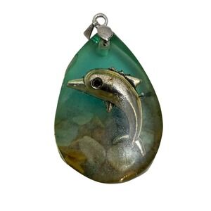 18K GP White Gold Dolphin Pendant Necklace Charm Resin Stone Sea Life Jewelry